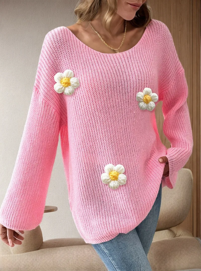 Casual Loose Knitted Sweater Hoodie for Autumn/Winter Women\'s Tops 2024 New Sexy Slash Neck 3D Flower Full Flare Sleeve Pullover