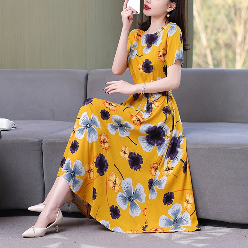 New Arrival Fashion 2024 Summer Dress Vestido Loose O-neck Casual Print Floral Cotton Linen Women Clothing Dresses Plus Size