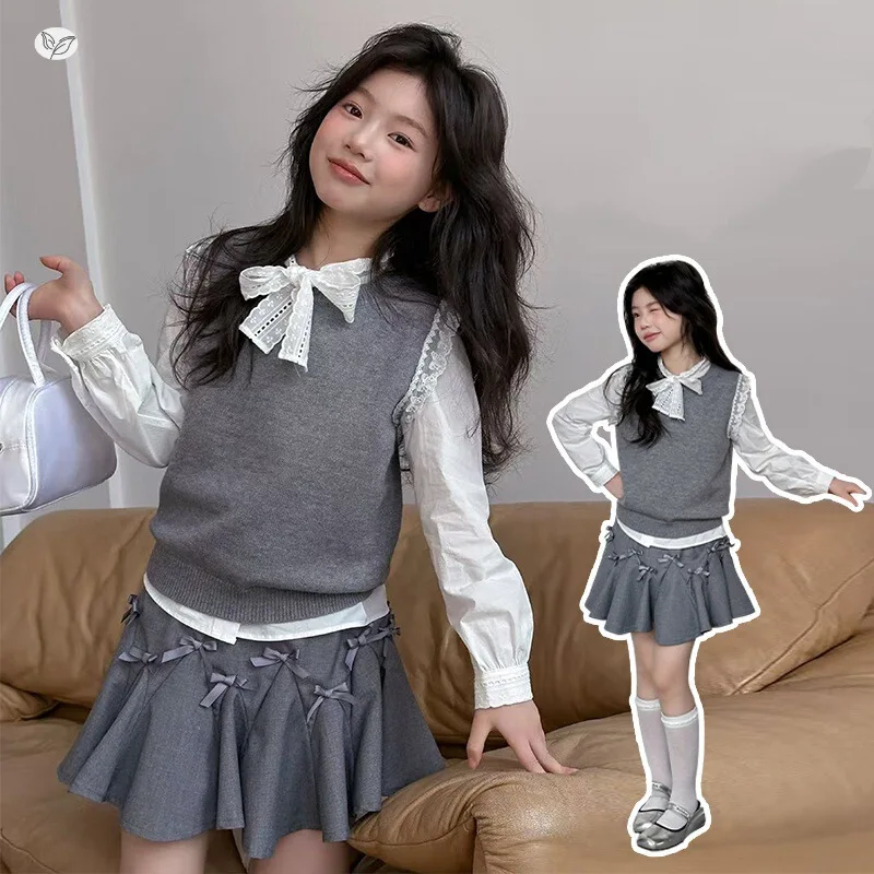 Girls' College Style Autumn Outfits2026New style lace-up shirt, lace-trimmed vest, umbrella skirt, and short skirt set for older