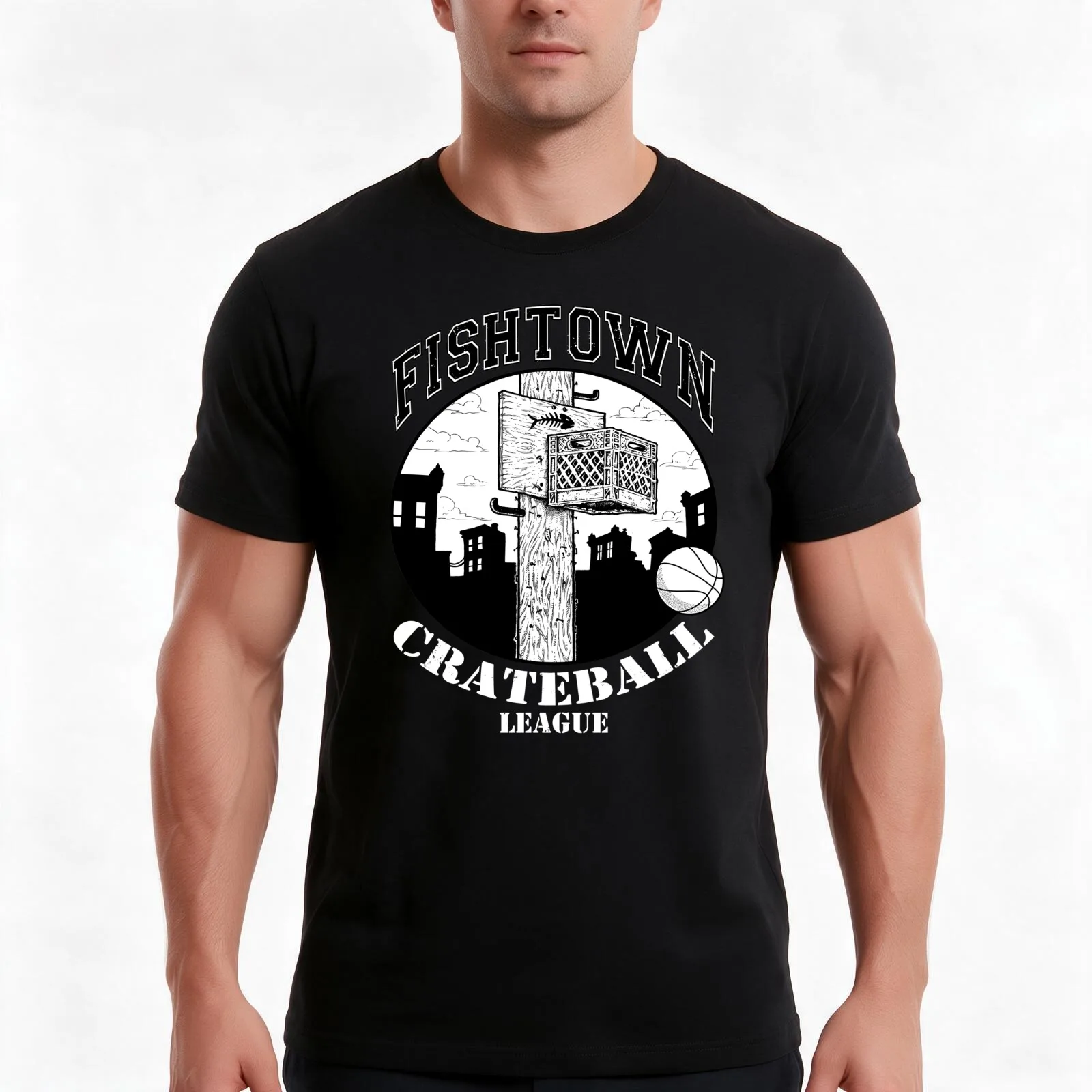 Fishtown Crateball League T-Shirt, Summer Casual Cotton Tee, Oversized Streetwear Tops, Vintage Graphic Print, Unisex Men Women