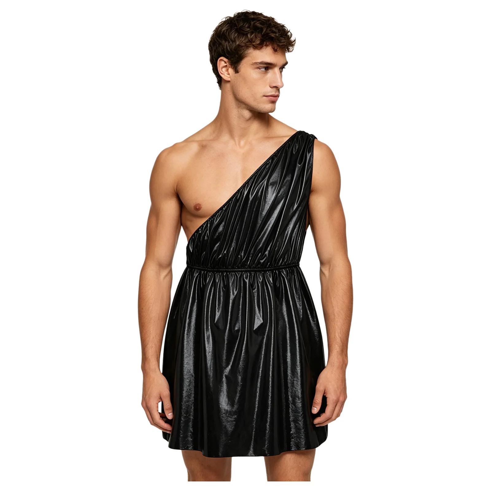 

Men's Toga Costume Halloween Ancient Greek God Roman Cosplay Theme Party Outfit One Shoulder Metallic Shiny Tunic Dress Robe