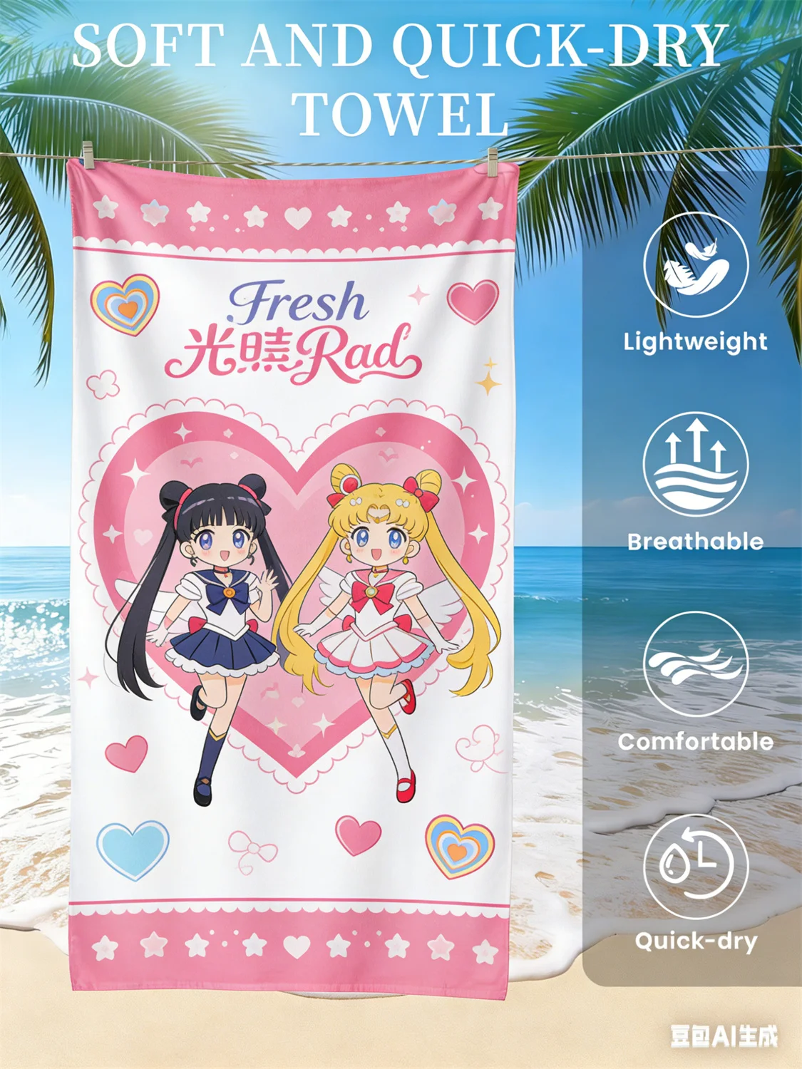 Sailor Moon Strandtuch, schnell trocknendes Handtuch mit Anime-Fan-Favoriten-Charakter-Print für Strand, Pool, Urlaub, Enthusiasten von Magical Girl