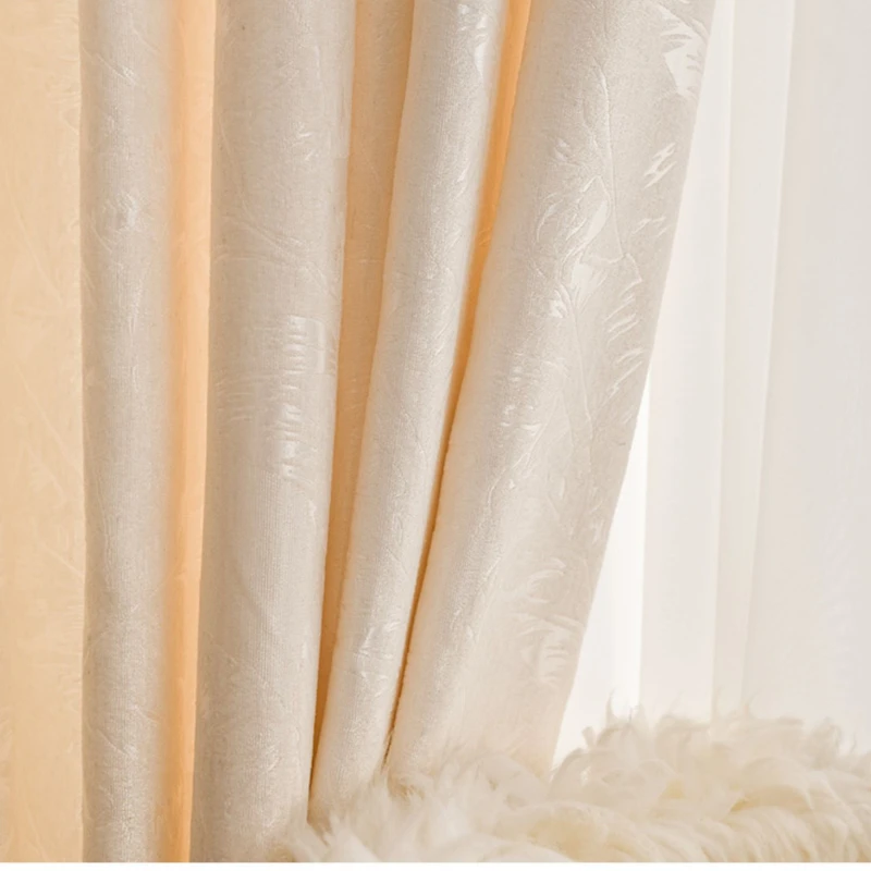 

French Cream Curtains for Living Dining Room Bedroom New 2023 Solid Color Jacquard Curtain High-grade High-shading villa Drapery