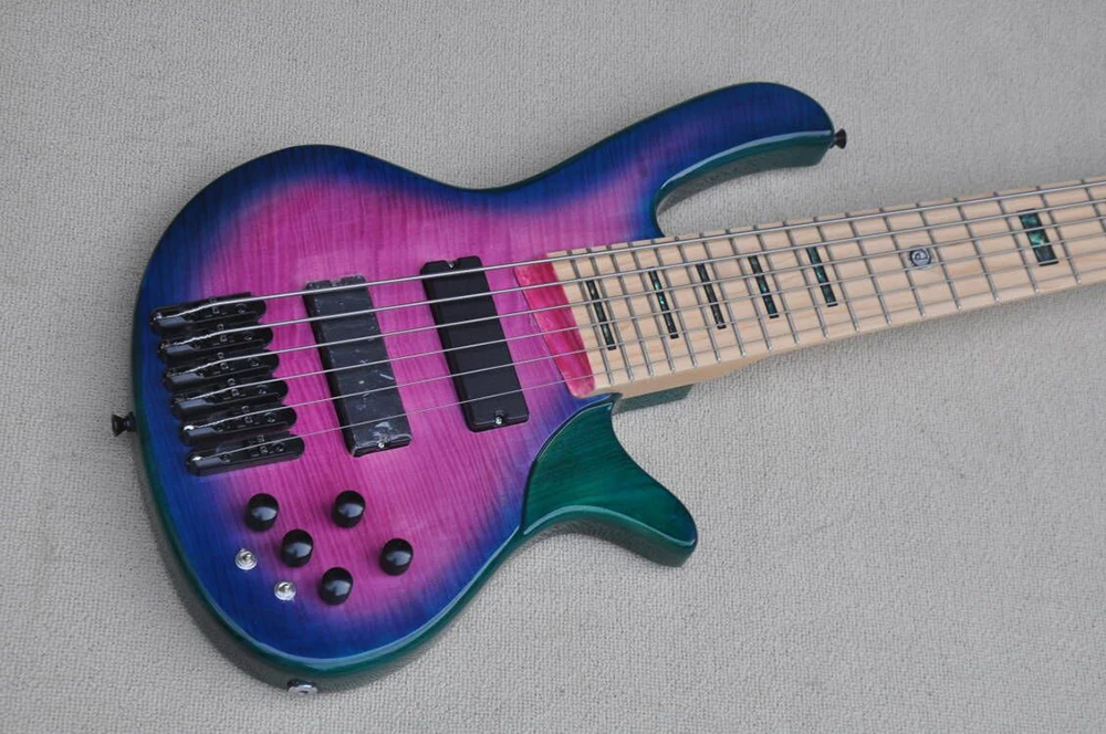 6 Strings Colorful Electric Bass Guitar with Flame Maple Veneer,Active Circuit,Abalone Inlay