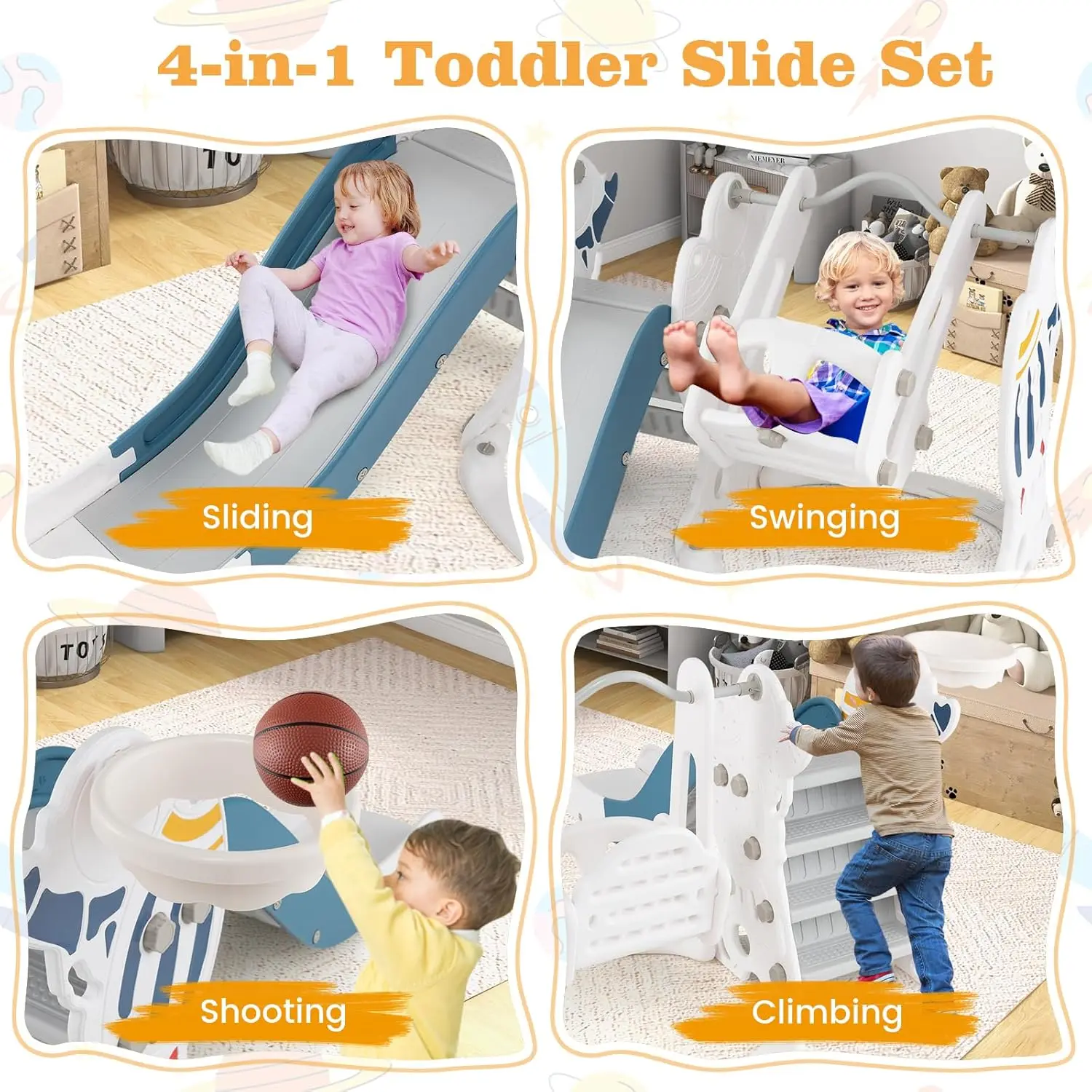 4-in-1-Rutsche und Schaukelset für Kleinkinder, Indoor-Outdoor-Rakettenspielset, Fitnessstudio mit Babyschaukel, Basketballkorb, Ball, Kinder-Kletterspielen