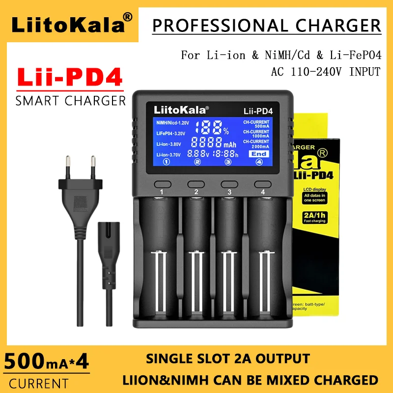 LiitoKala M4S CH2 PD4 LCD Multifunctional Battery Charger For 3.7V 1.2V 18650 26650 21700 14500 18350 17500 AA AAA A C And Other