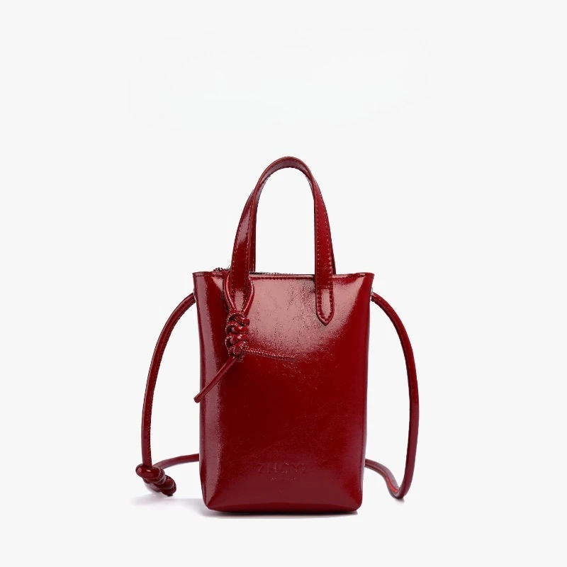 

Women's Red Glossy Leather Mini Tote Bag Small Phone Bag with Knot Decor Crossbody Shoulder Handbag for Daily Use