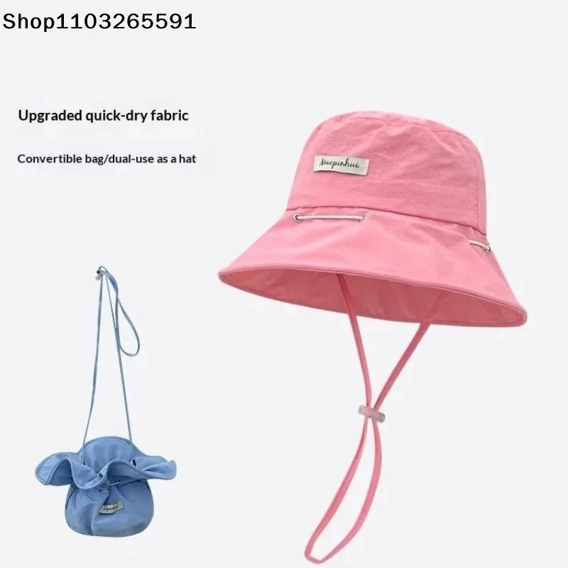 1Pcs Women Summer Quick-drying Fisherman Hat Large Brim Sunshade Bucket Cap Korean Girl Beach Travel Caps Dual-use Variable Bag