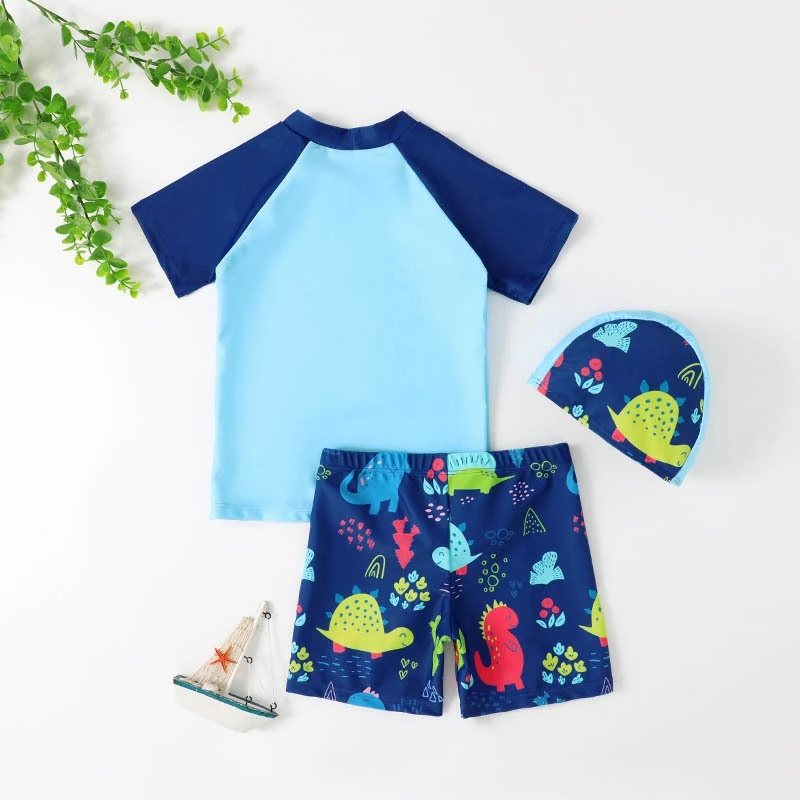 Summer Boy Swimwear with Swim Hat 2Pcs Lovely Cartoon Print Short Sleeve Swimsuit Baby Toddler Kids Bathing Suit Surf Wear 1-7Y