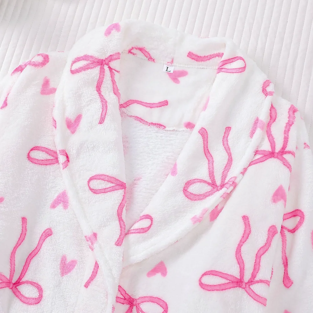 بيجامة نسائية بطابع عيد الميلاد بفيونكة وردية مطبوعة من الفلانيل ثوب نوم مخملي ثوب نوم ملابس منزلية ملابس نوم قماش شتاء دافئ