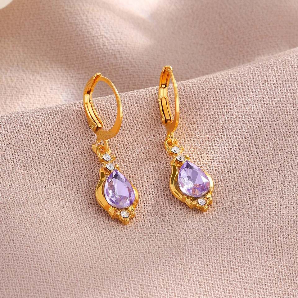 ZAKOL Vintage Shiny Purple Crystal Stone Drop Hoop Earrings For Women Water Dorp Boho Long Dangle Earrings Jewelry Gift