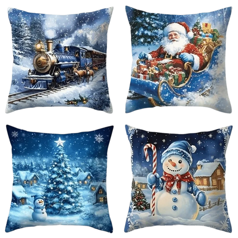 4PCS Reindeer Christmas Pillow Covers Pumpkin Dwarf Throw Cushion Case 2D Flat Pattern Tree Snowflake Snowman Pillowcase Sofa