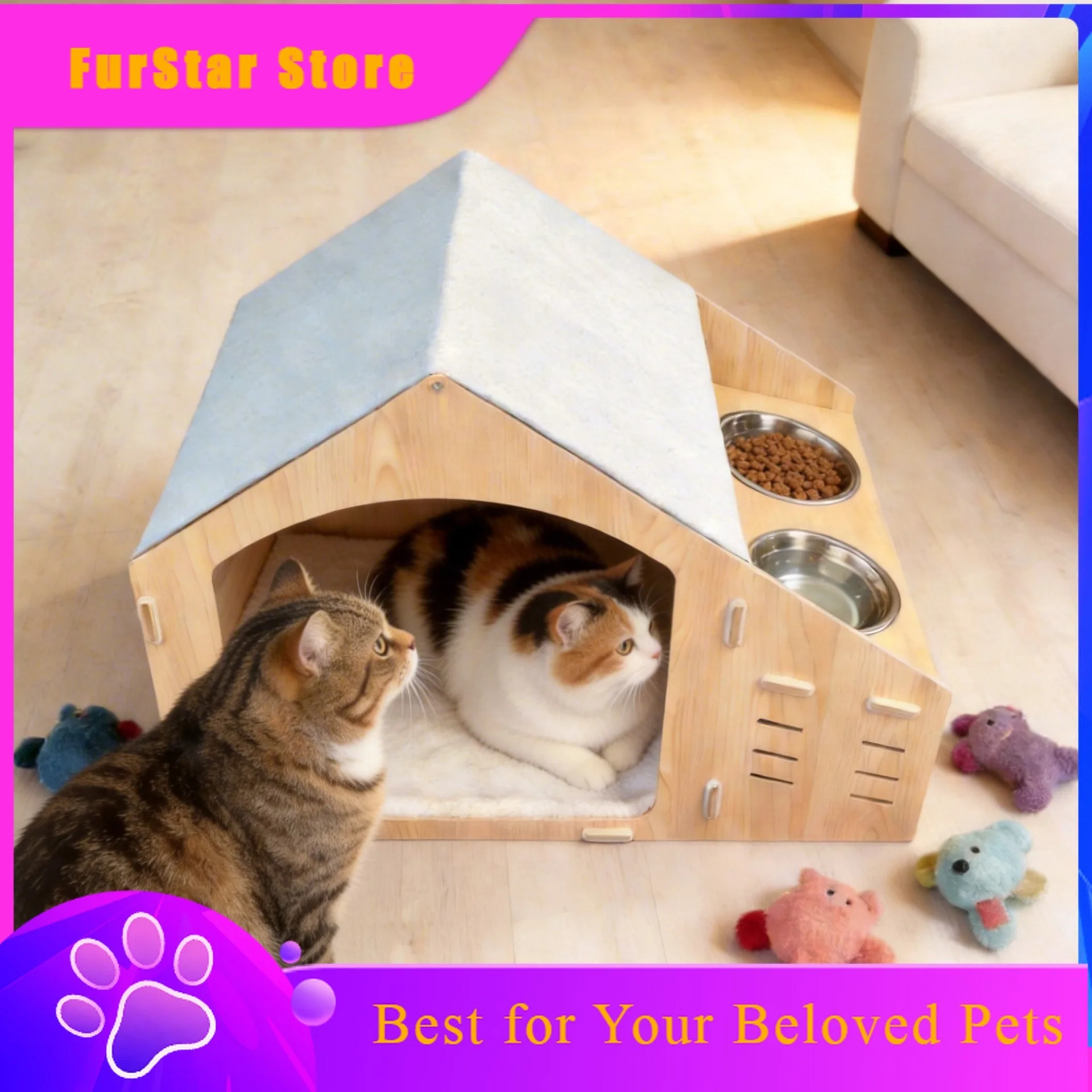 FurStarWooden Cat House With Built-in Food Bowl, All-Season Indoor Cat Bed & Tree, Multi-Functional Pet Condo With Scratching Po