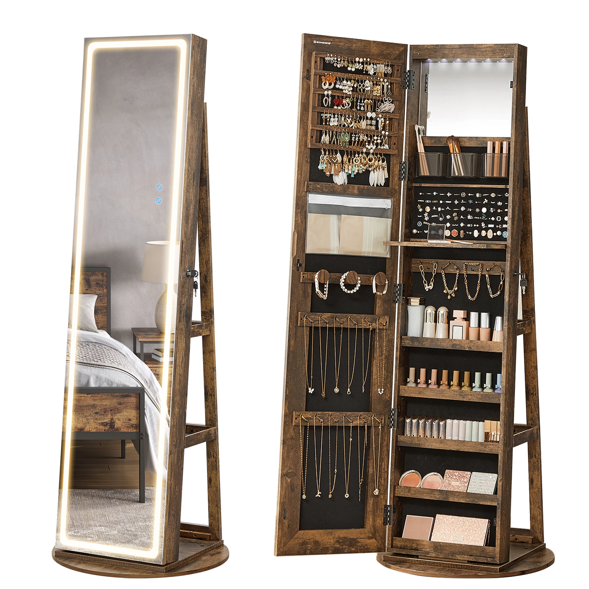 SONGMICS LED Mirror Jewelry Cabinet Standing, Lockable Jewelry Armoire with Full-Length Mirror and Adjustable LED Lights