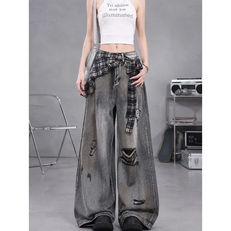 Women Baggy Jeans Y2K Wide Leg Denim Pants Distressed Washed Black Gray Low Waist Plaid Patchwork Streetwear Summer Trousers