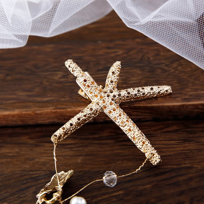 Elegant Starfish Star Hairpins The Bridal Hair Accessories Handmade Headband Bride Handmade Tiaras Soft Pearl Hair Jewelry view 5