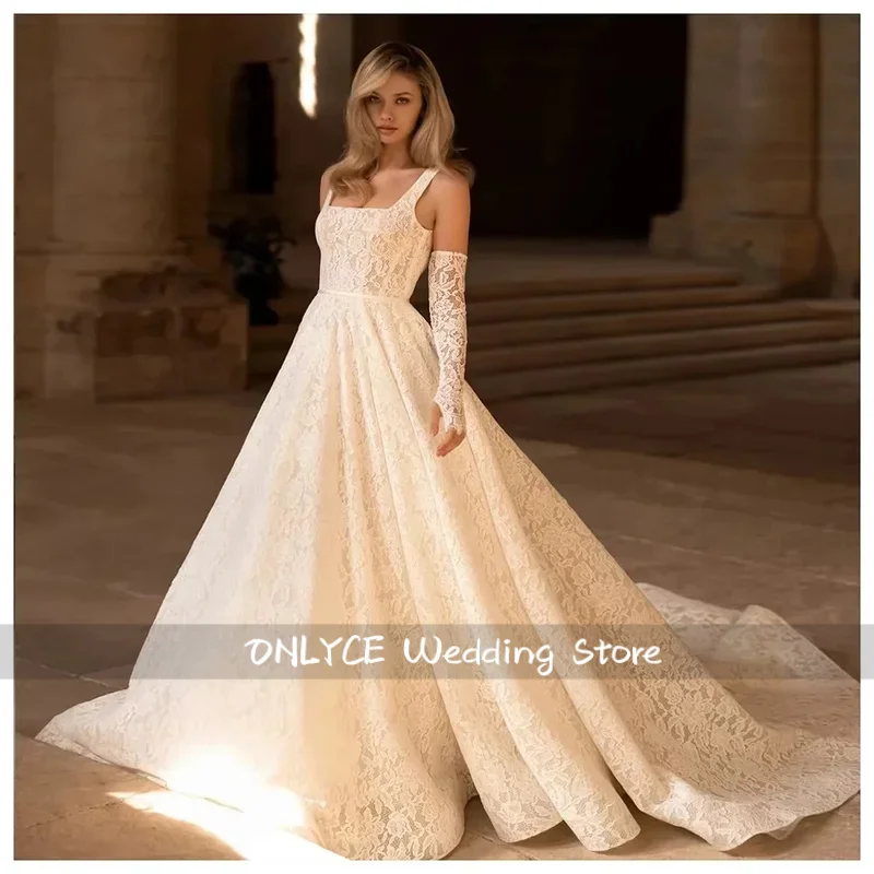 

Customized Elegant Square Neck A Line Wedding Dresses Lace Spaghetti Straps Backless Bridal Gown With Detachable Sleeves
