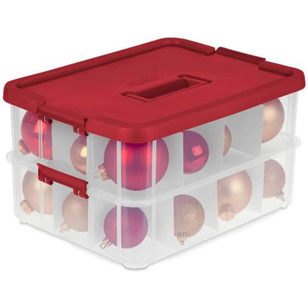 مجموعة تنظيم ديكورات العطلات، صناديق تخزين بلاستيكية مكونة من 24 قسمًا، باللون الأحمر