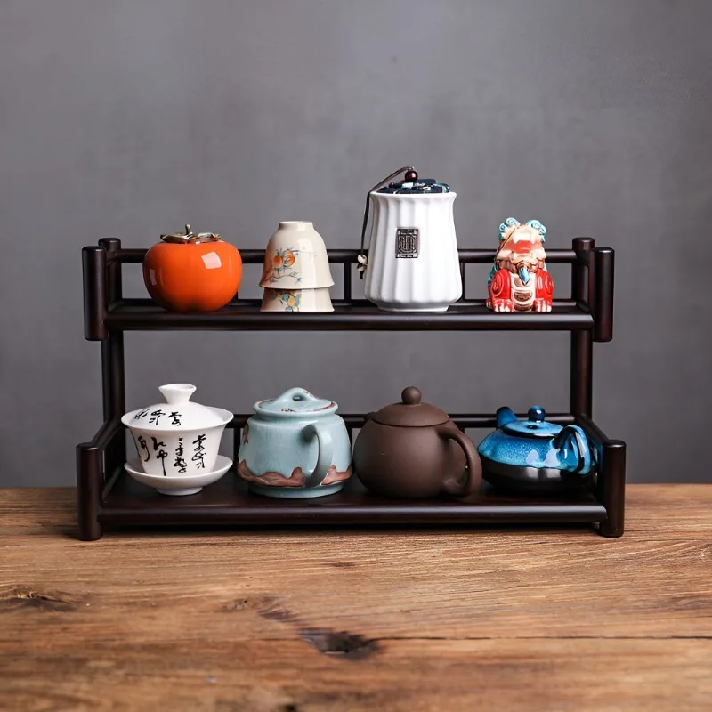 

Simple Retro Desktop Tea Cup Storage Rack Household Small Antique Shelf Chinese Purple Clay Teapot Tea Set Display Rack