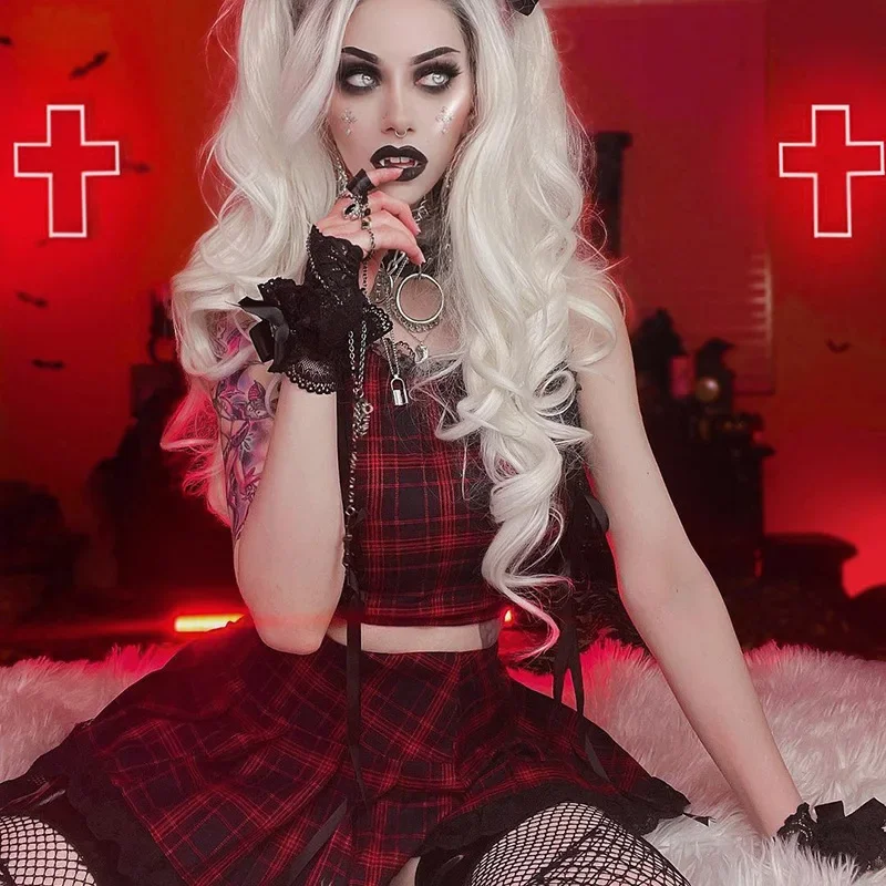 สีดําสีแดงลายสก๊อตกางเกงขาสั้นผู้หญิงHarajukuลูกไม้Trim Chicกางเกงขาสั้นลูกไม้Punk Gothicกางเกงขาสั้นLolitaสตรีStreatwearสูงเอว 2023