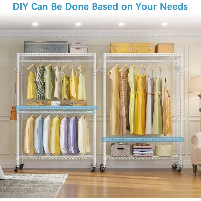 R2 Plus Rolling Garment Rack 3 Tiers Adjustable Wire Shelving Clothes Rack with Wheels, Freestanding Wardrobe Storage Rack Heavy