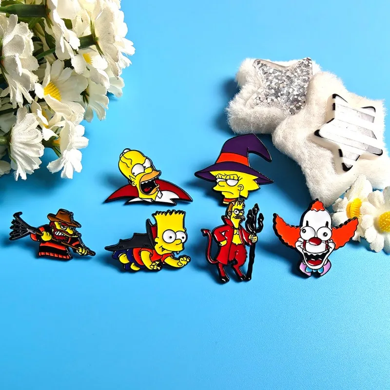 Hot 6pcs The Simpsons Cute and funny Badges Halloween Cartoon Enamel Pins Set Metal Brooches for Backpack Bag Fashion Collection