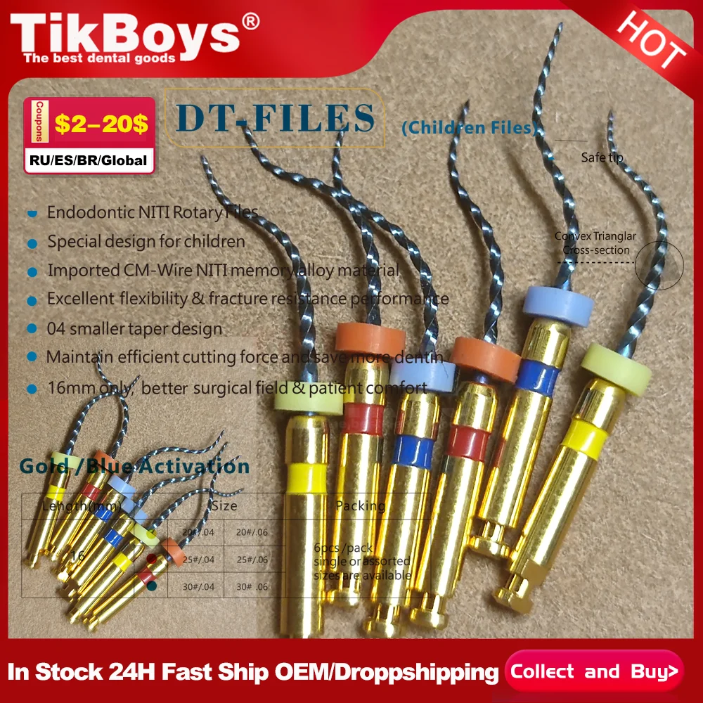 6 unids/pack 16MM Dental pediátrico endodoncia bebé NITI limas rotativas limas de motor punta para niños conducto radicular 04/06taper 20 # 25 #