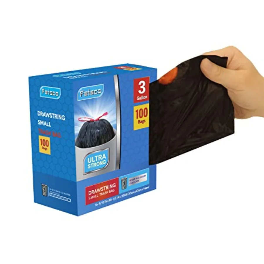 

3 Gallon Black Trash Bag, Small Drawstring Garbage Bag Trash Can Liner, 100 Counts, 0.55 Mil