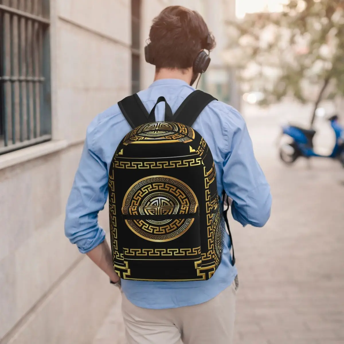 Greek Key Meander Black Gold Large Backpack Student BookBag Children School Bag Computer Shoulder Bags for Men Women
