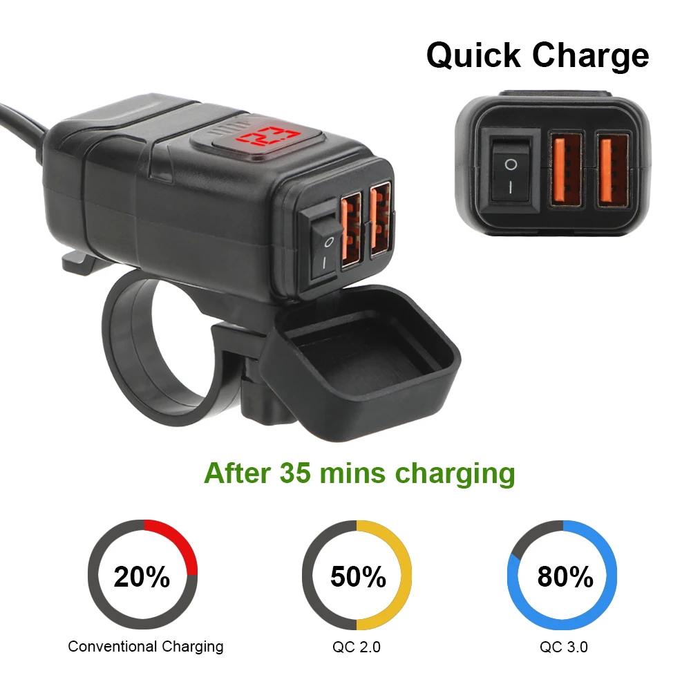 Vehicle-mounted Motorcycle Quick Charger Digital Voltmeter Adapter Waterproof Dustproof QC 3.0 Dual USB Charger Moto Accessories