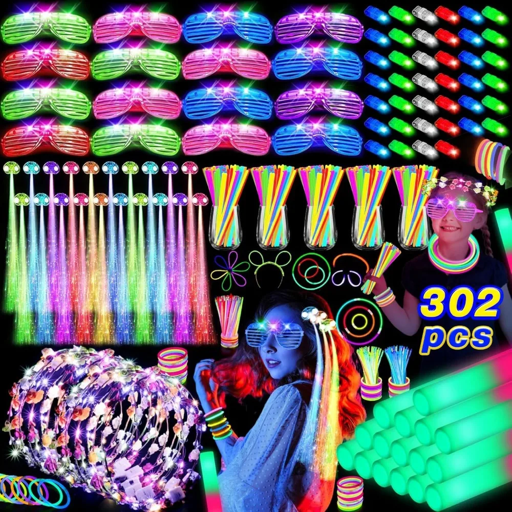 

302 PCS Glow in the Dark Party Supplies, 20 LED Hair Clips Fiber Optic, 16 LED Glasses, 16 Foam Glow Sticks, 10 Light Up Flower
