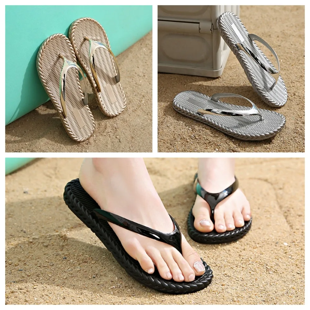 Sweet Holiday Silver Glossy Flip Flops Waterproof Non-Slip Seaside Sandals Flat Gold Vacation Beach Slippers Swimming view 5