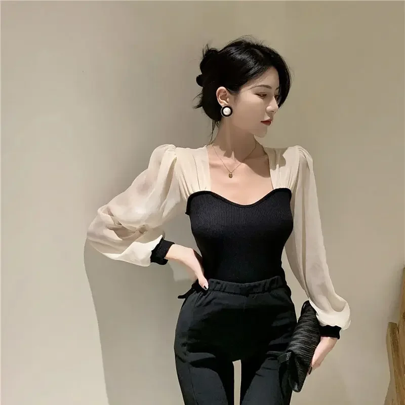 

Шикарные тонкие Blusas Mujer, французская квадратная короткая рубашка с длинным рукавом, тонкие женские топы, шифоновая блузка, элегантный трикотаж, черные рубашки