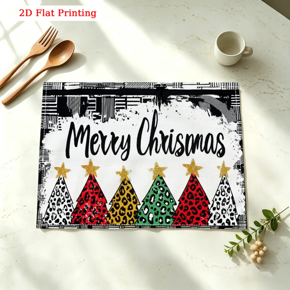 Merry Christmas Leopard Print Trees Kitchen Placemat Coaster Linen Pad Dish Coffee Cup Table Mat 30x40cm Home Decor