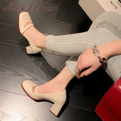 Meotina Women Genuine Leather Mary Janes Square Toe Thick High Heel Shallow Pumps Fashion Ladies Spring Autumn Shoes White