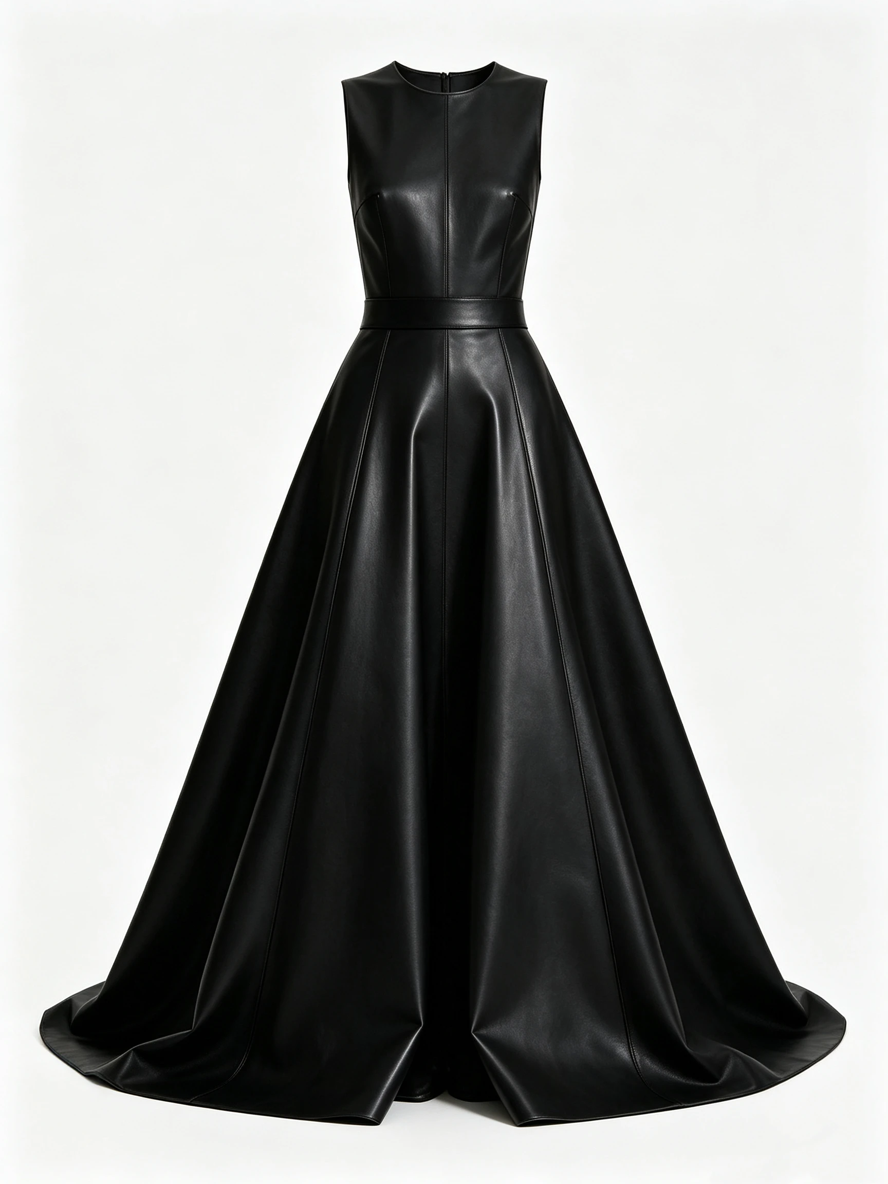 Women's Sleeveless Faux Leather A-Line Gown with Structured Bodice