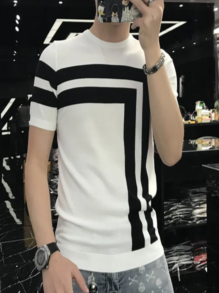 

2024 Summer Patchwork Color Slim Fit Knitted T Shirt Men O-Neck Stretched Tee Homme Streetwear Fashion Casual T-