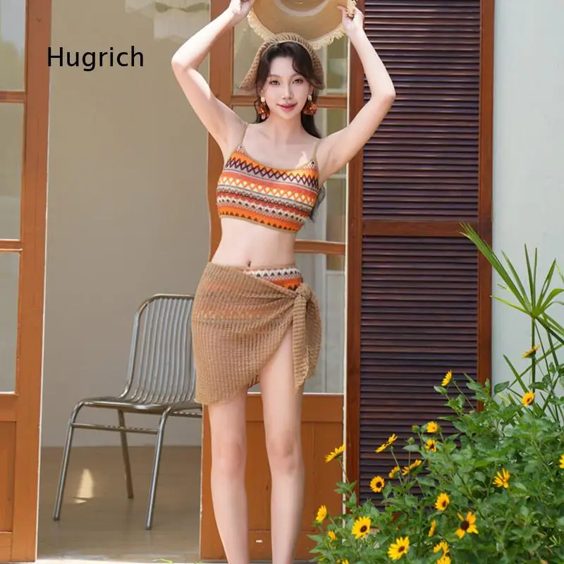 Women 3 Piece Boho Striped Bikini Set Spaghetti Strap Crop Top High Cut Bottom And Knit Wrap Cover Up Skirt For Summer Beach Poo