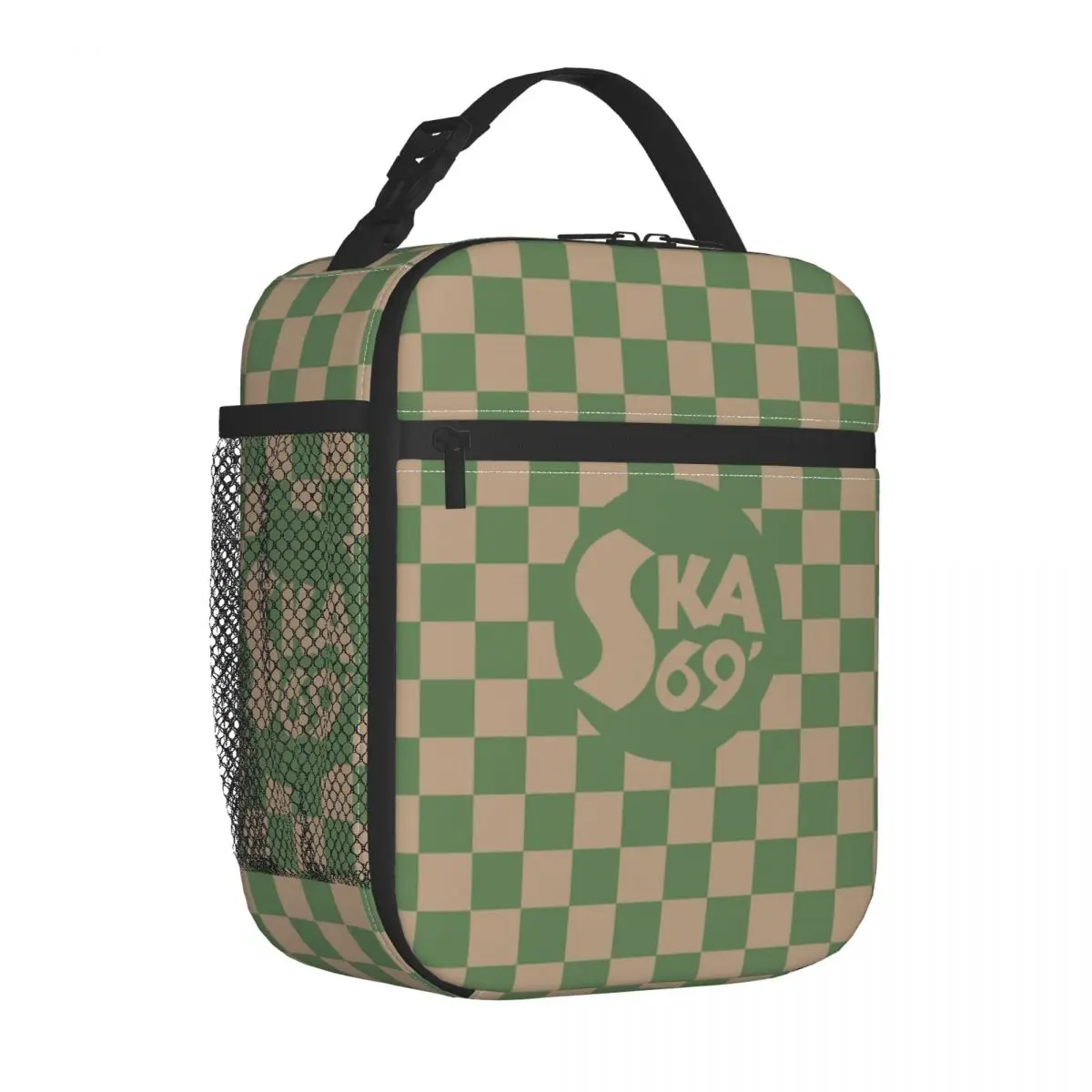 Ska Green Checks Insulated Lunch Bags for Work School Checkerboard Resuable Cooler Thermal Bento Box Women Kids