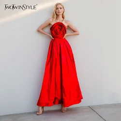 TWOTWINSTYLE Solidne łączone aplikacje Eleganckie sukienki dla kobiet Bez ramiączek, bez pleców, z wysokim stanem, z zamkiem błyskawicznym, długa sukienka damska