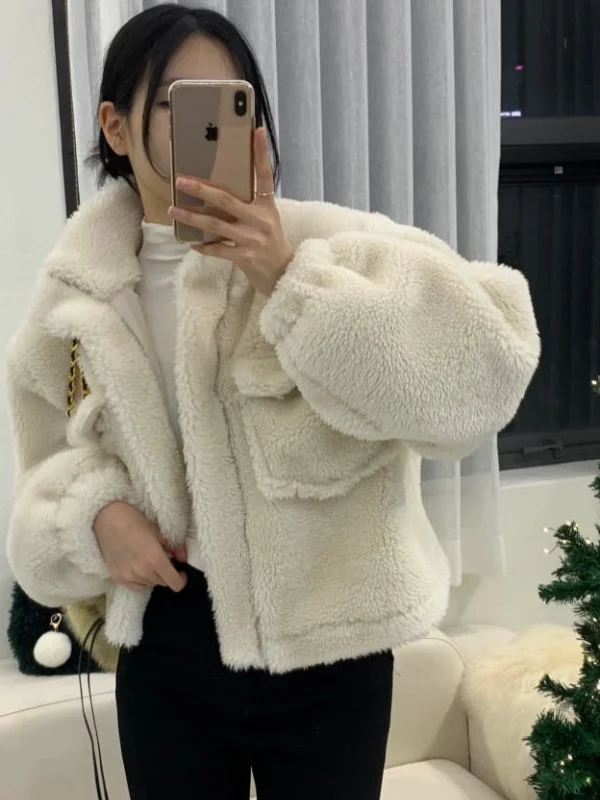 

Autumn Winter Fluffy Women's Coat Large ket Warm Korean Sle Casual Pure Color Polyester Fiber Zipper ort Length