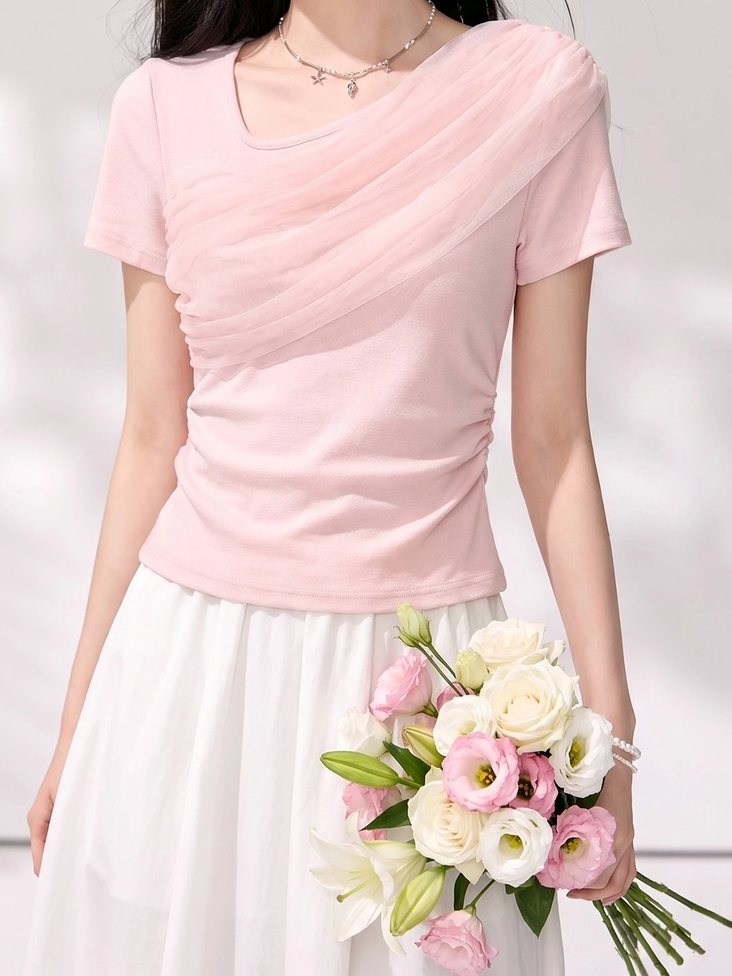 French Style Women's Drapey Mesh Slim Fit Short Sleeve T-Shirt Summer Fashion Waist-cinching Slimming Sweet Casual Versatile Top