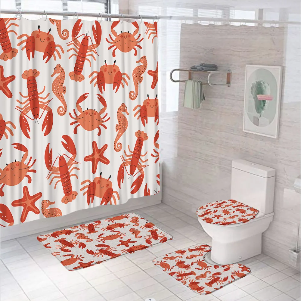 Cartoon Jellyfish Seahorse Fish Shower Curtain Set Bathroom Decor Kids Nautical Sea Animal Marine Toilet Cover Rug Bath Mat Home