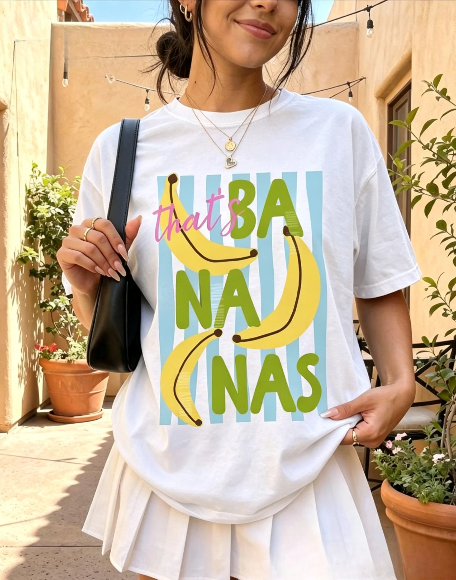 Banana Fruit T Shirt Green Lettering White Crewneck Loose Tee Clothes for Women Summer Tennis Skirt Backyard Party Wear