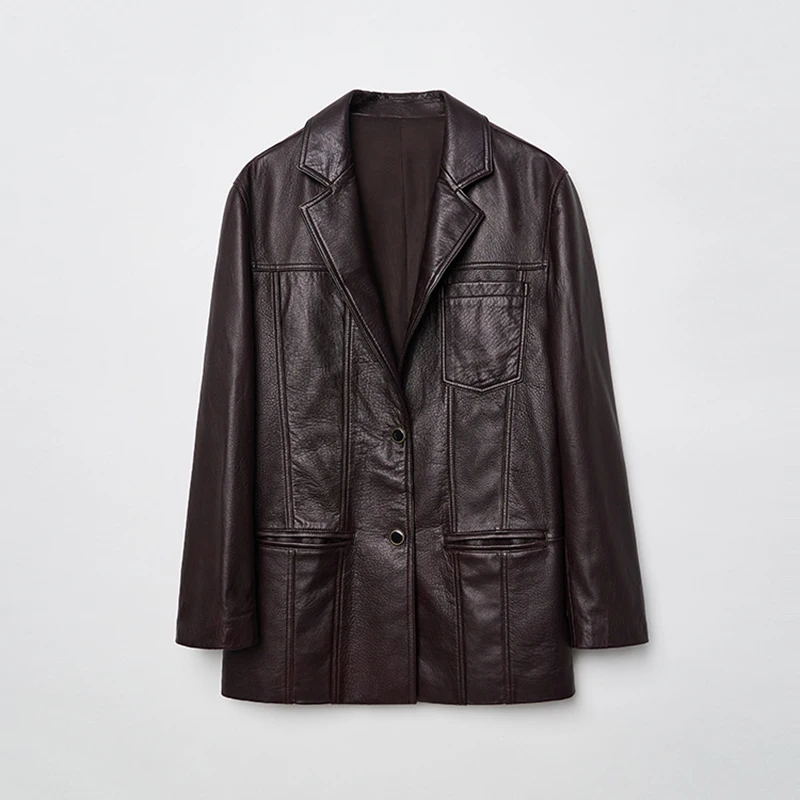 سترات من الجلد الحقيقي السيدات جلد الغنم فقاعة الجلد موضة خمر الأحمر البني زرين جيب فضفاض دعوى معطف Lederjacken Fraue #5