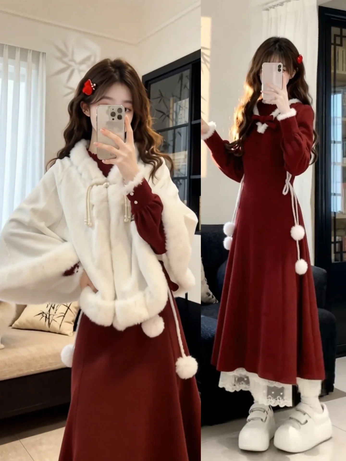 

Зимний модный комплект: женский красный китайский плащ-накидка больших размеров, теплый повседневный наряд с V-образным вырезом и пуговицами, хлопковая одежда