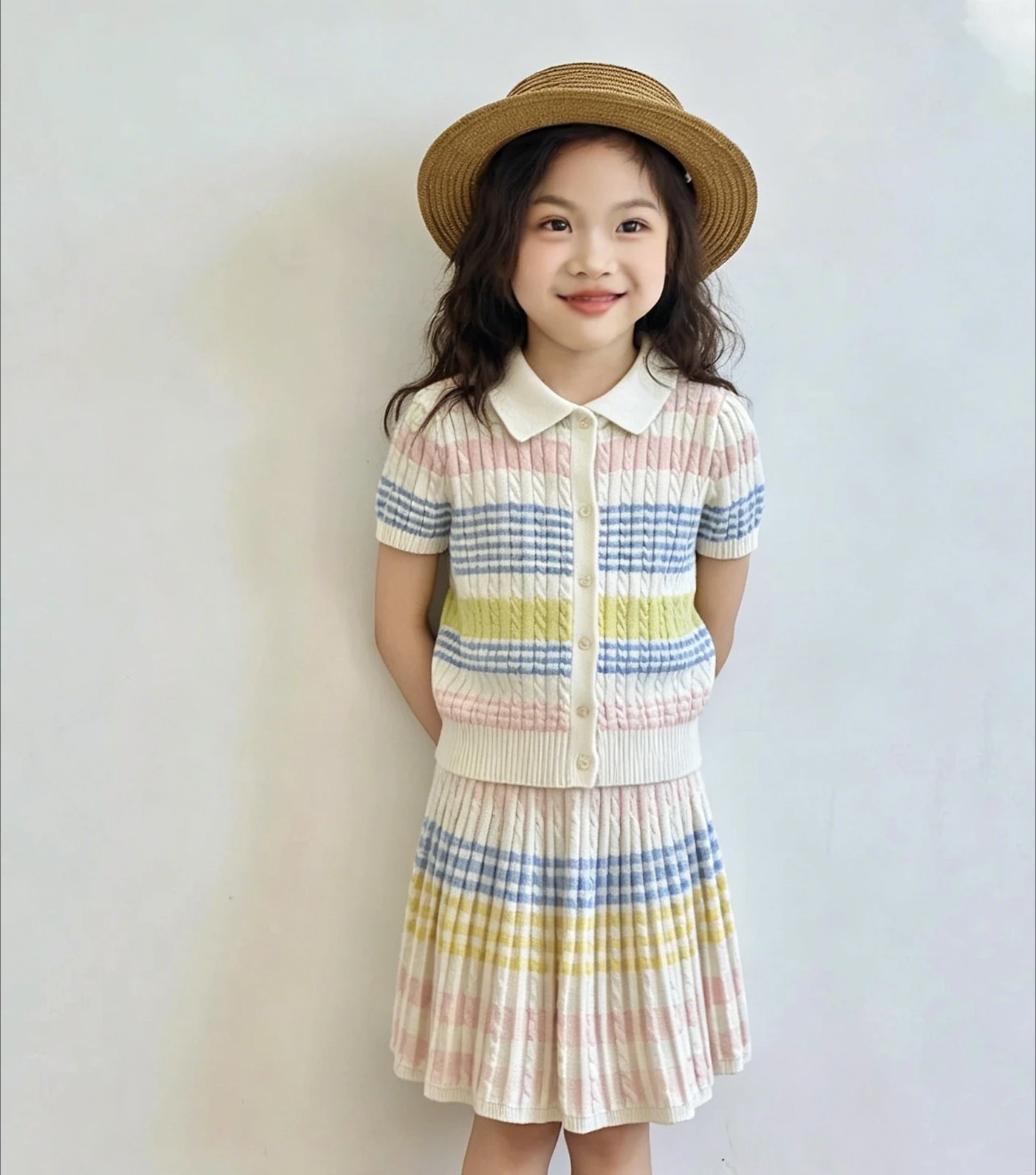 2026 Summer New Fresh Stripe Knitted Cardigan Girls Fried Dough Twists Skirt Short Sleeve Turn-down Collar Top Two Piece Set