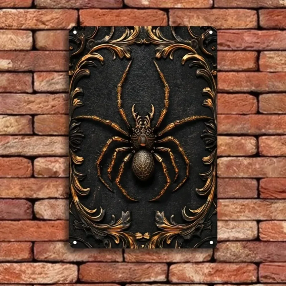 GoldenSpiderCo 3D Golden Spider Schild – Vintage Aluminium Insekt Wandbehang & Poster