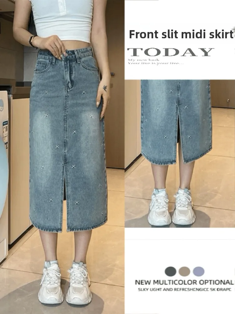 

Юбка миди А-силуэта с высокой талией и разрезом спереди, летняя коллекция 2024, модная, стройнящая, универсальная, из смесового хлопка и полиэстера