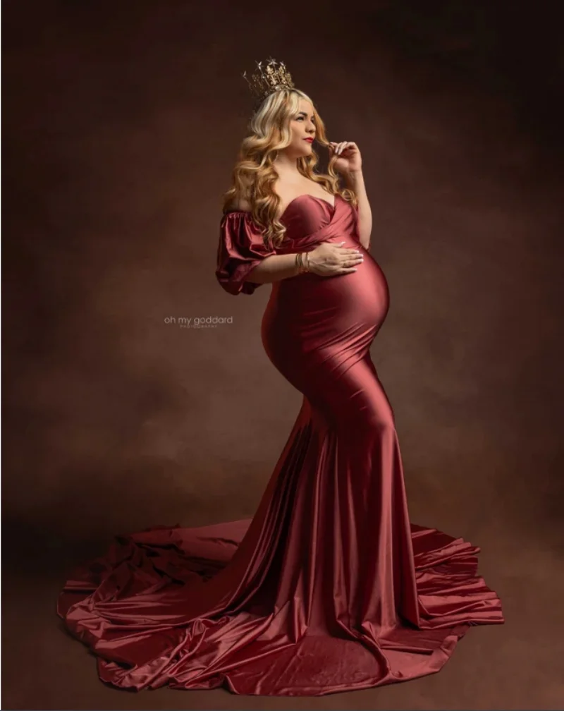 

Vintage Mermaid Maternity Gowns Off Shoulder Satin Pregnant Women Baby Shower Dresses Sexy Floor Length Tiered Photography Robes